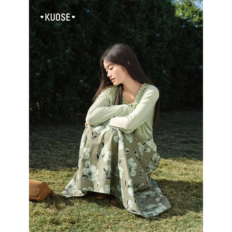 KUOSE 쿠오세 그린 플라워 면 A라인 롱 스커트 - 상세 이미지 5