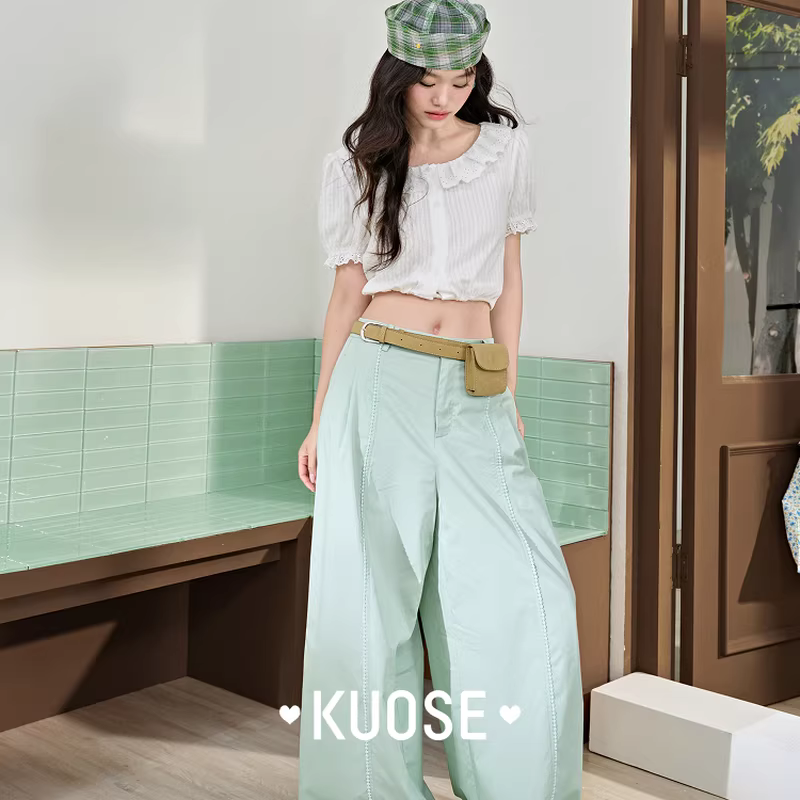 KUOSE 쿠오세 화이트 펀칭 레이스 크롭 반팔 블라우스 - 상세 이미지 4