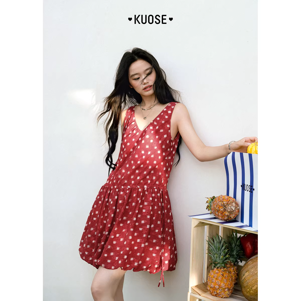KUOSE 쿠오세 V넥 체크 프린트 민소매 버블 원피스 - 상세 이미지 3