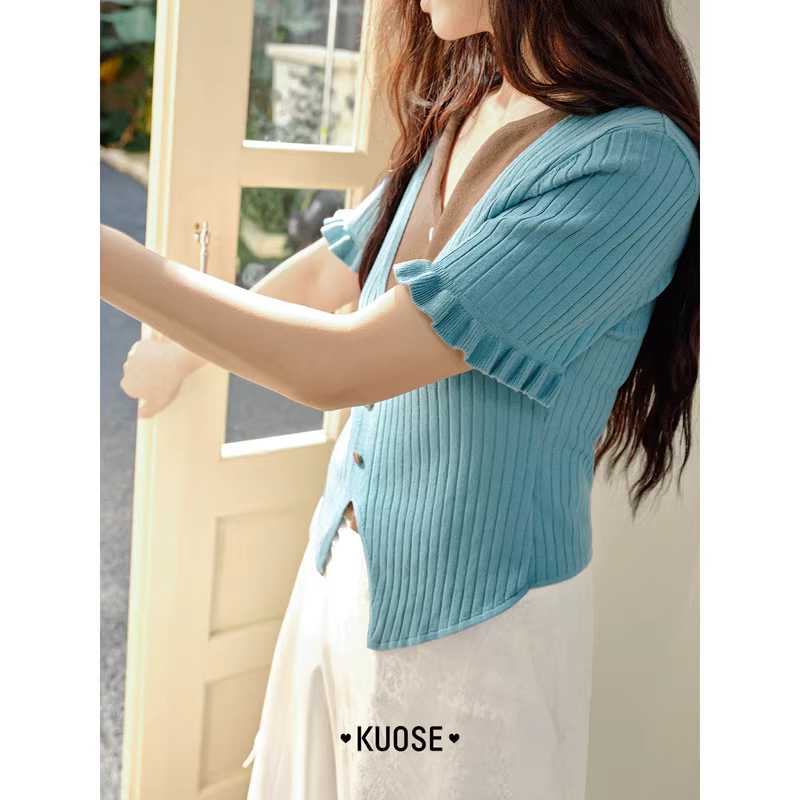 KUOSE 쿠오세 블루 배색 니트 반팔티 - 상세 이미지 5