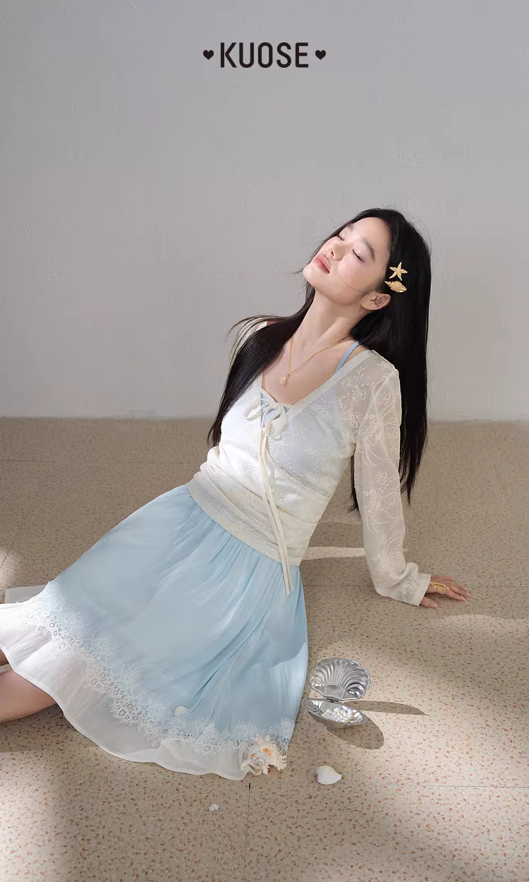 KUOSE 쿠오세 레이스 자수 셔링 가디건 슬리브리스 투피스 - 상품 이미지