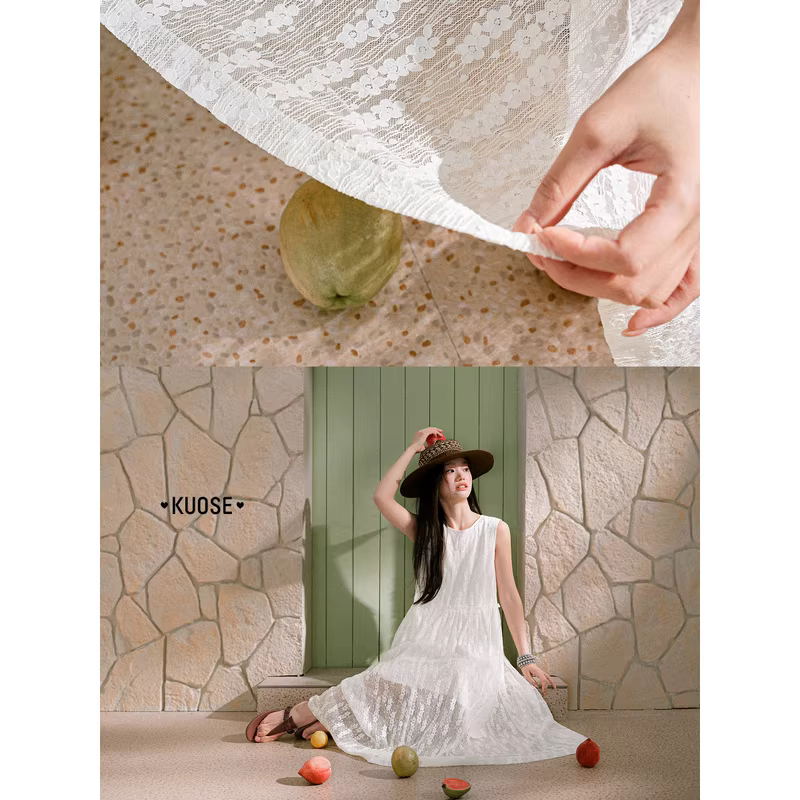 KUOSE 쿠오세 프렌치 화이트 텍스처 레이스 민소매 롱 원피스 - 상세 이미지 3