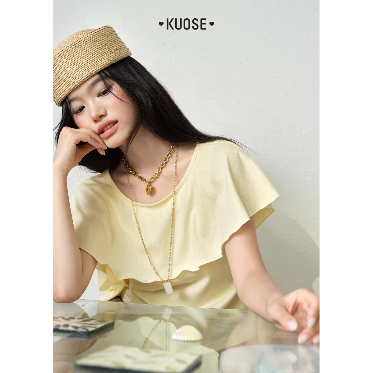 KUOSE 쿠오세 연노랑 케이프 레이어드 라운드넥 반팔 티셔츠 - 상세 이미지 3