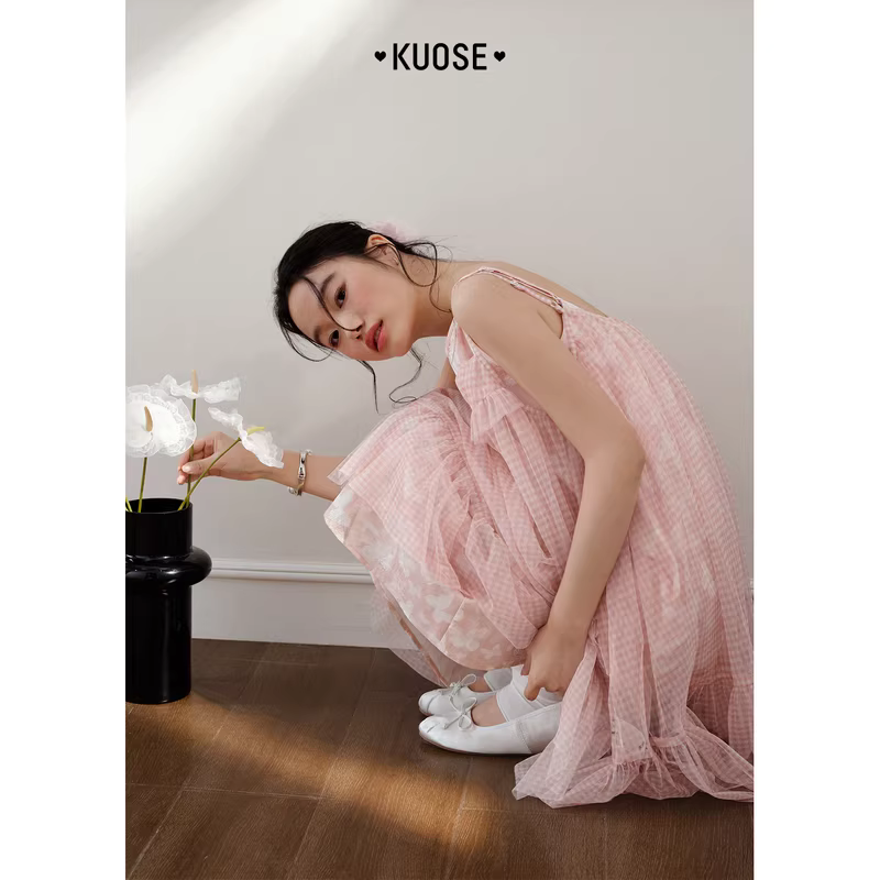 KUOSE 쿠오세 핑크 체크 망사 레이어드 끈원피스 투피스 - 상세 이미지 4
