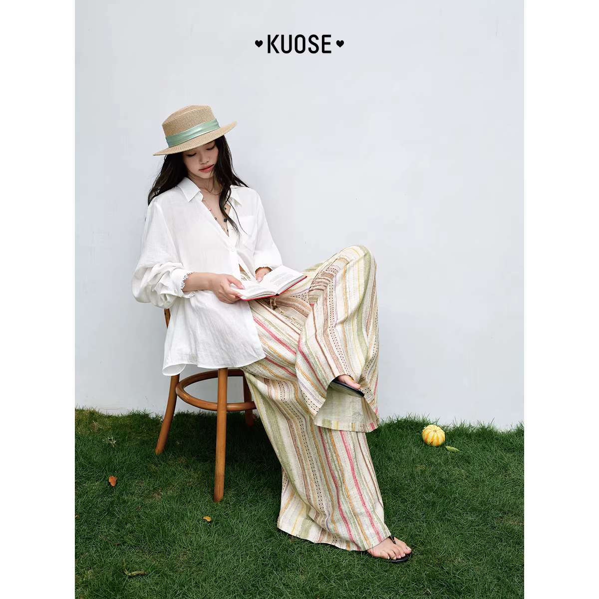 KUOSE 쿠오세 스트라이프 투각 와이드레그 리조트 롱팬츠 - 상세 이미지 4