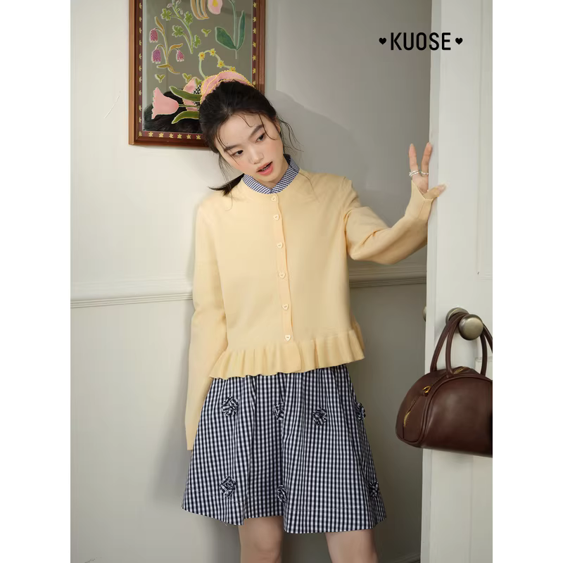 KUOSE 쿠오세 딥블루 체크 3D 플라워 A라인 미니 스커트 - 상세 이미지 3