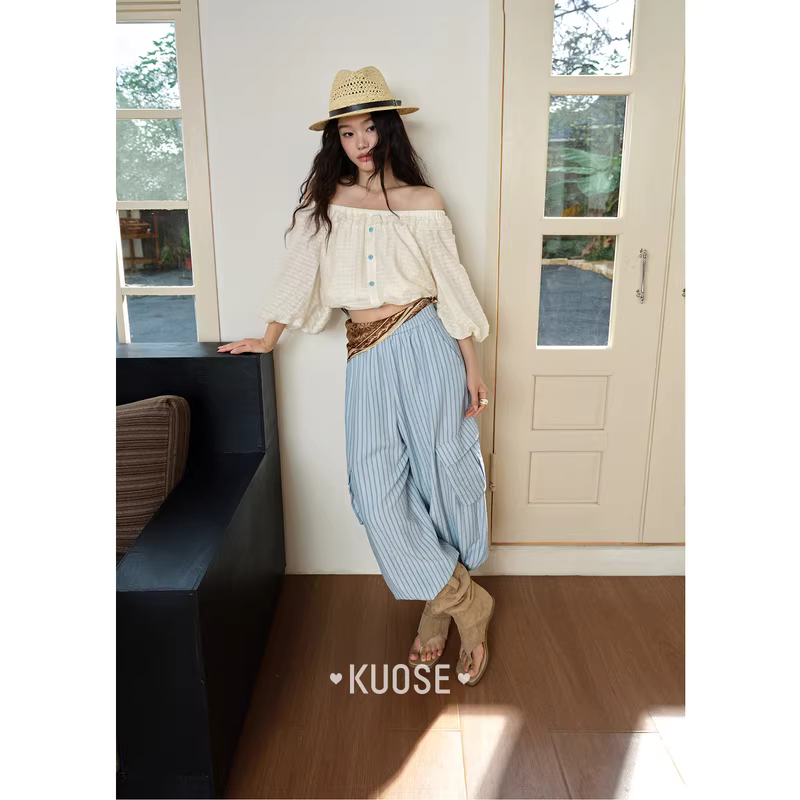 KUOSE 쿠오세 그레이블루 스트라이프 여름 와이드팬츠 이미지 6