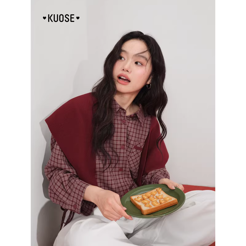 KUOSE 쿠오세 레드 체크 긴팔 카라 셔츠 케이프 투피스 세트 - 상세 이미지 3