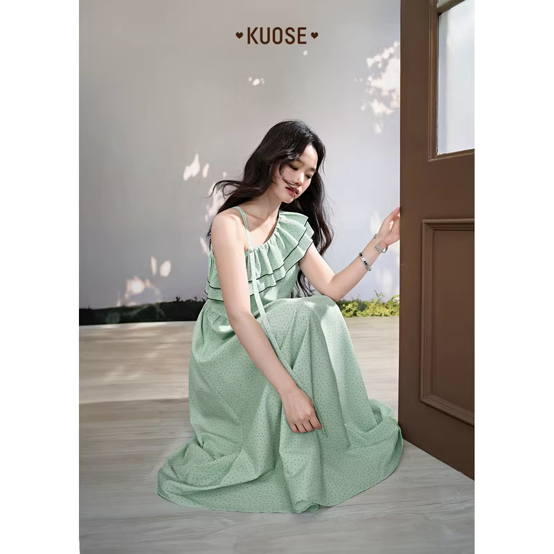 KUOSE 쿠오세 연그린 러플 원숄더 롱원피스 - 상세 이미지 3