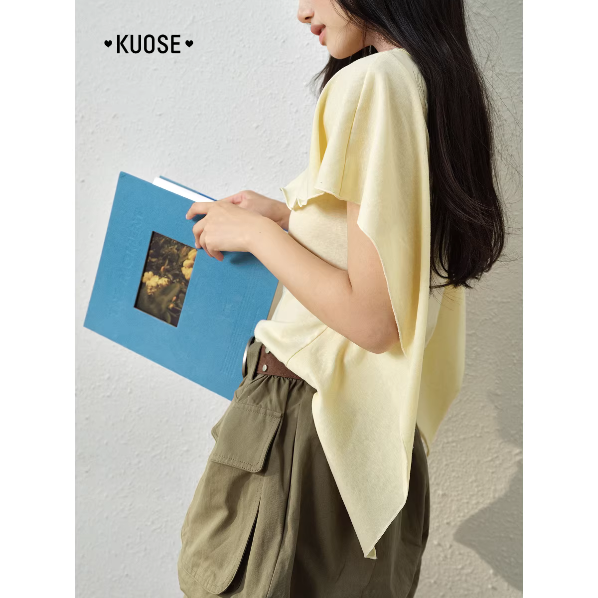 KUOSE 쿠오세 연노랑 케이프 레이어드 라운드넥 반팔 티셔츠 - 상세 이미지 5