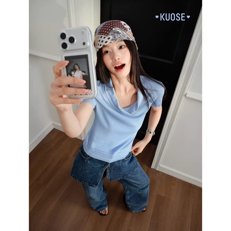 KUOSE 쿠오세 블루 펀칭 카울넥 반팔 니트 티셔츠 - 상세 이미지 3
