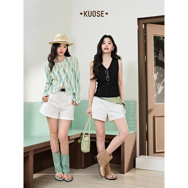 쿠오세 KUOSE 화이트 코튼 스트레이트 데님 숏팬츠 - 상세 이미지 5