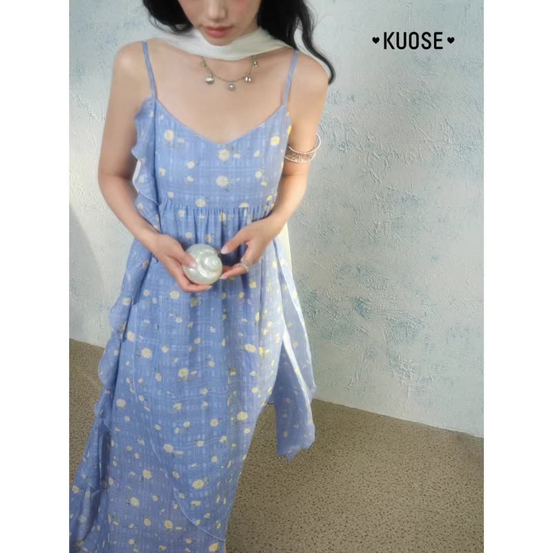 KUOSE 쿠오세 불규칙 러플 플로럴 롱 캐미솔 원피스 여름 이미지 6