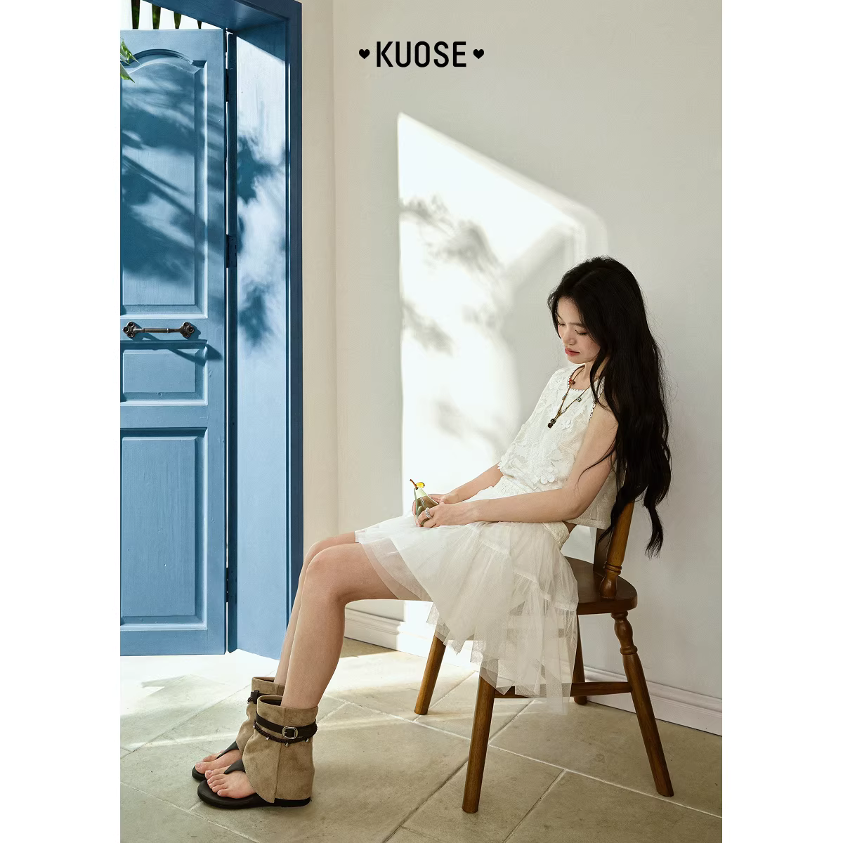 KUOSE 쿠오세 살구색 자카드 숏 베스트 망사 케이크 스커트 세트 - 상세 이미지 3