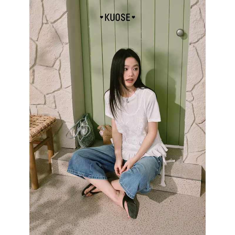 KUOSE 쿠오세 여름 화이트 레이스 프릴 반팔티 - 상세 이미지 5