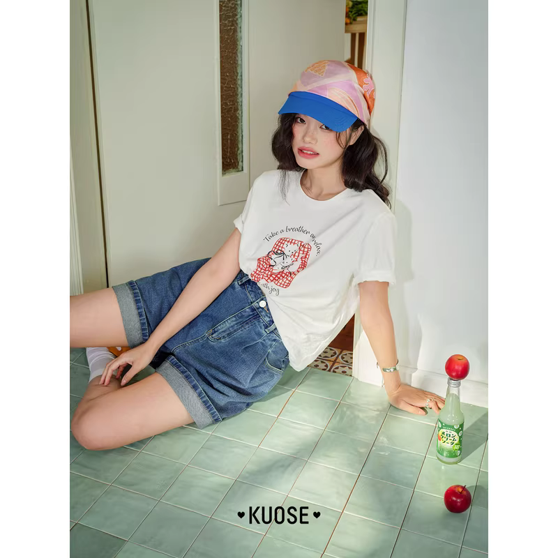 KUOSE 쿠오세 블루 화이트 롤업 데님 5부팬츠 - 상세 이미지 5