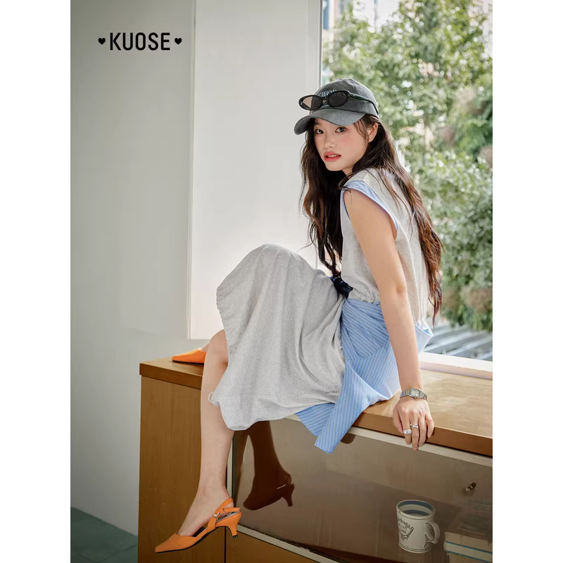 KUOSE 쿠오세 회색 스트라이프 레이어드 민소매 롱 원피스 - 상세 이미지 3