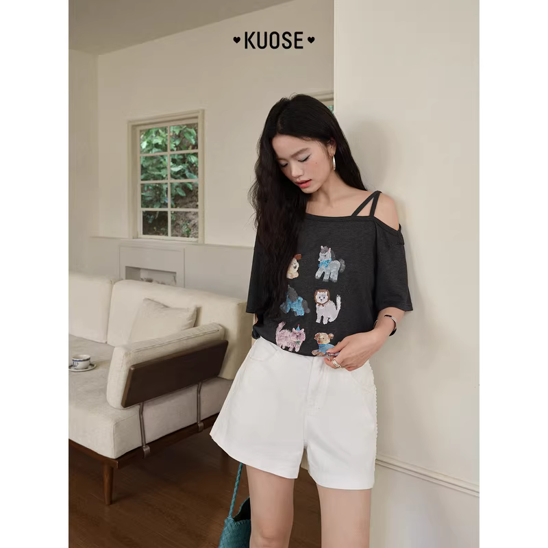 KUOSE 쿠오세 흑회색 라이셀 프린팅 오프숄더 반팔티 - 상세 이미지 3