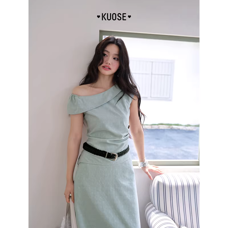 KUOSE 쿠오세 민트 오프숄더 민소매 텍스처 투피스 세트 - 상세 이미지 3