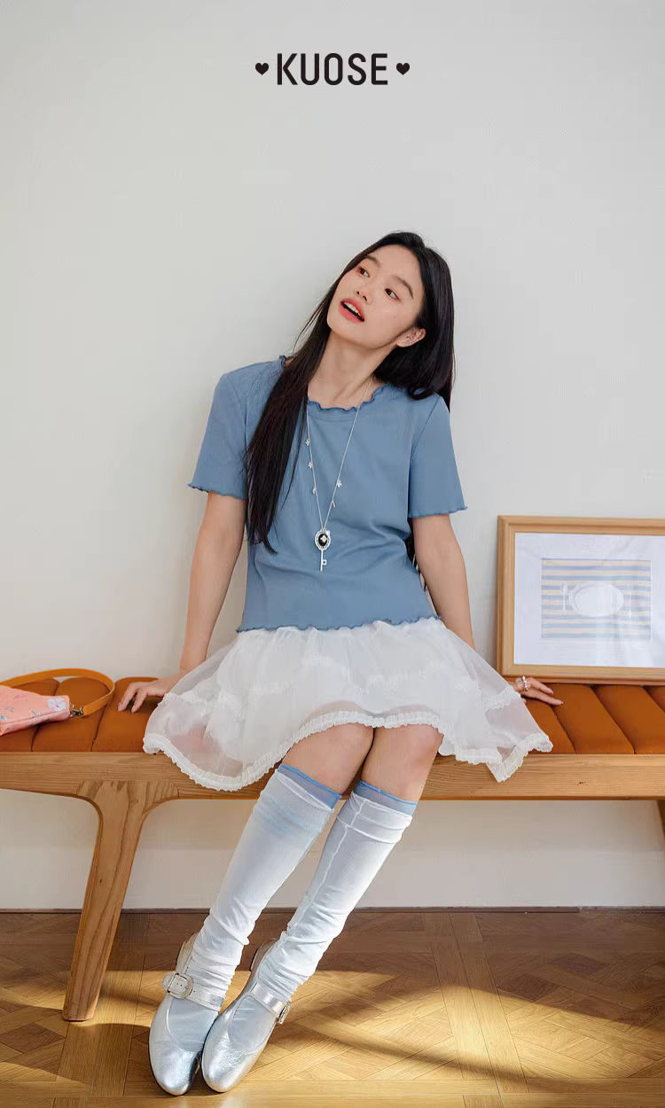 KUOSE 쿠오세 블루 물결넥 니트 반팔 티셔츠 - 상품 이미지