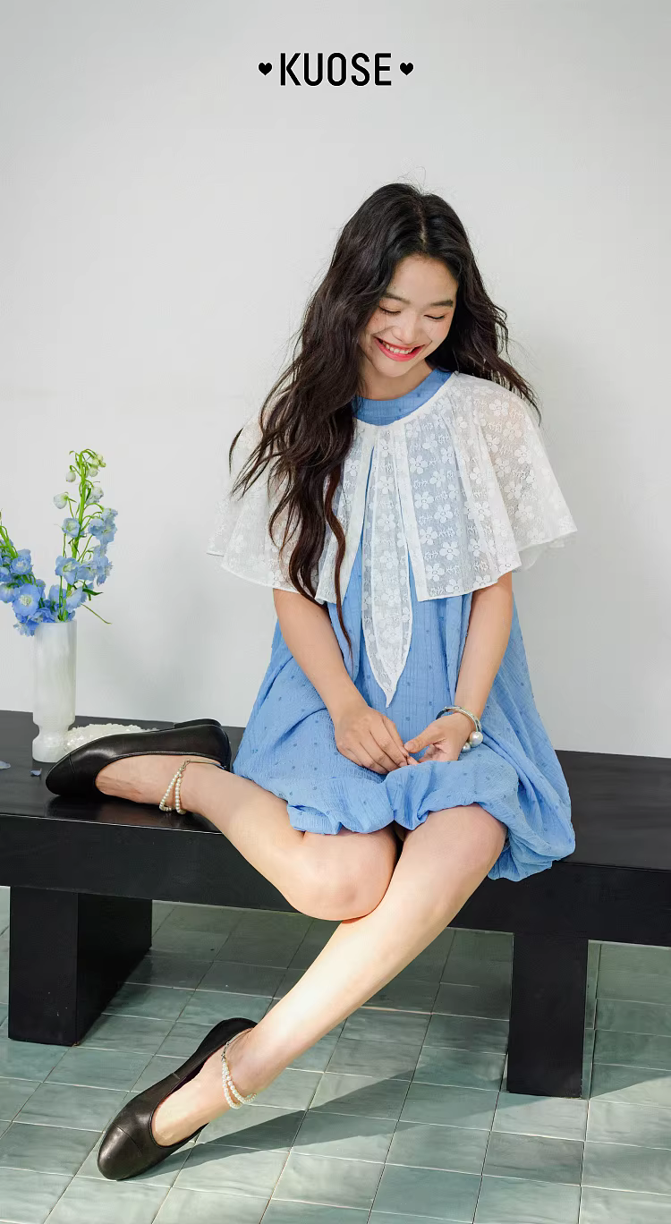 KUOSE 쿠오세 레이스 케이프 도트 민소매 벌룬 원피스 투피스 세트 - 상품 이미지