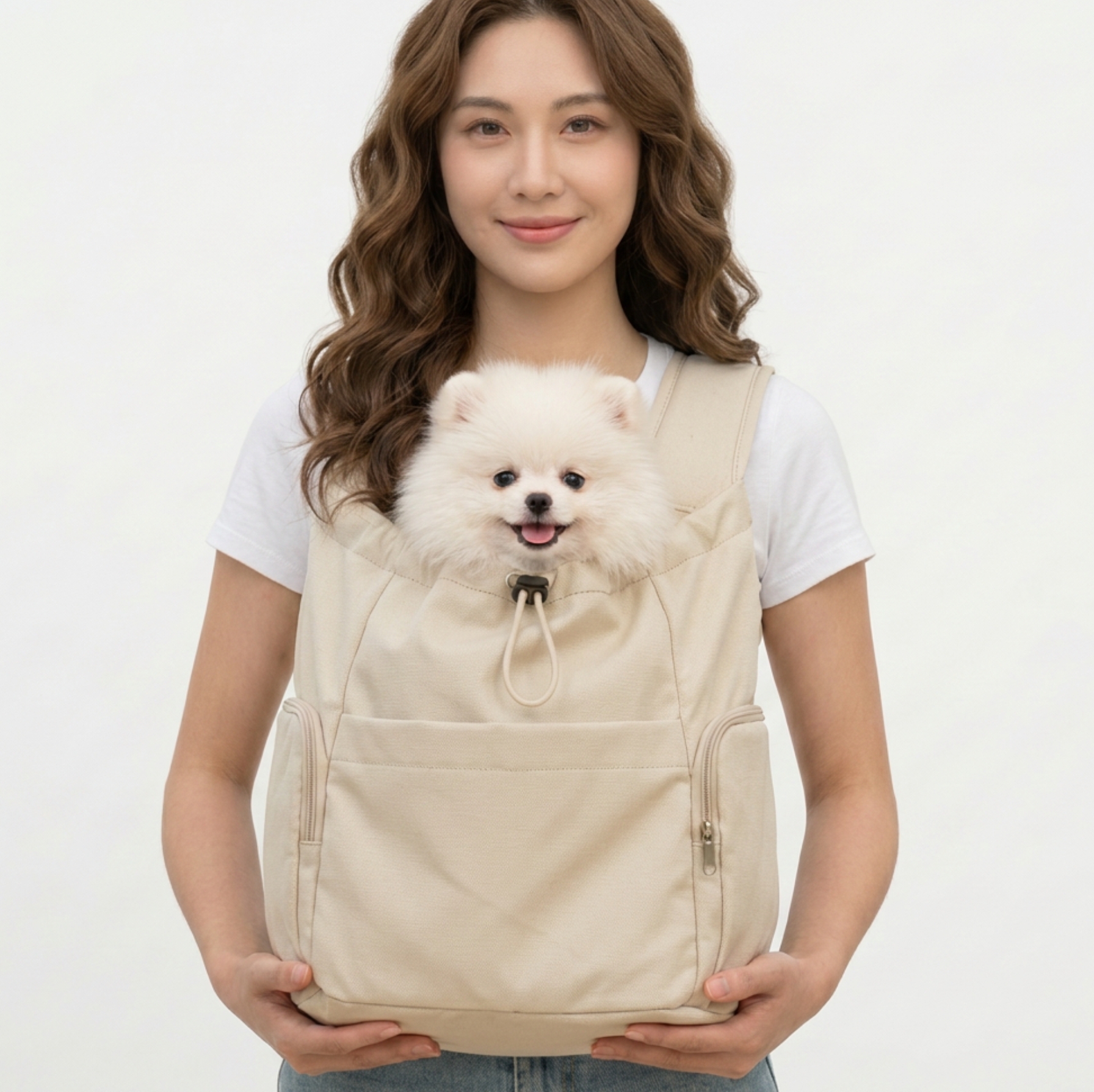 옴마펫 강아지 앞가방 이동 중형견 포대기 베이지, 40cm - 상품 이미지