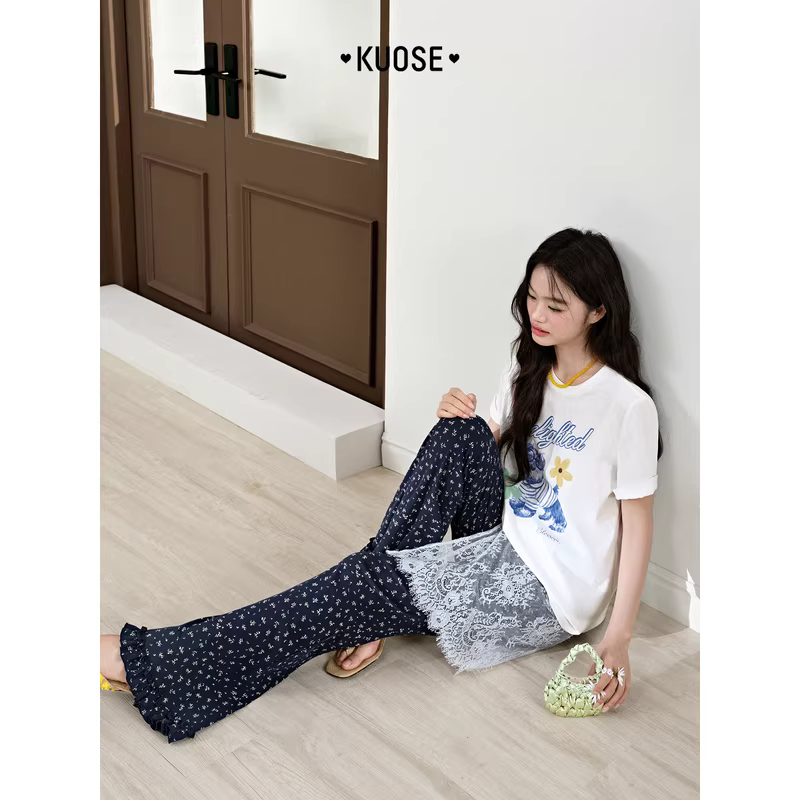 KUOSE 쿠오세 네이비 잔꽃 프릴 밑단 부츠컷 캐주얼 팬츠 - 상세 이미지 5