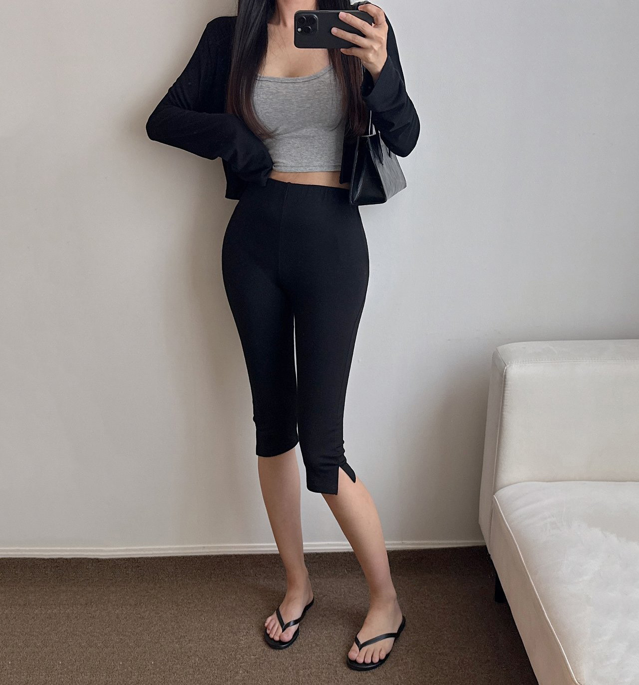 퍼즈 카프리팬츠 여성여름바지 7부 슬림핏 하이웨스트 스판 밴딩 밑단트임 블랙 데일리 이미지 6