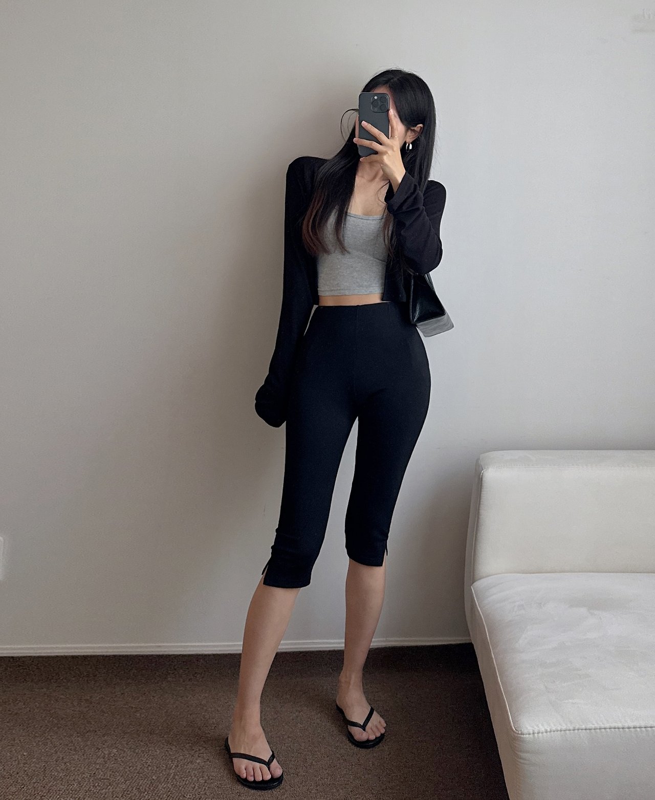 퍼즈 카프리팬츠 여성여름바지 7부 슬림핏 하이웨스트 스판 밴딩 밑단트임 블랙 데일리 - 상세 이미지 3