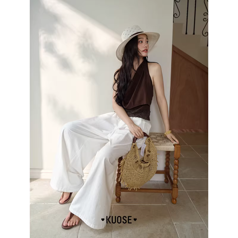 KUOSE 쿠오세 브라운 레이스 드레이프 할터넥 캐미솔 탑 - 상세 이미지 4