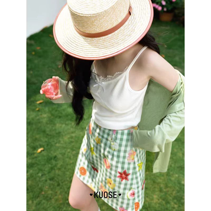 KUOSE 쿠오세 그린 체크 과일프린트 A라인 미니스커트 - 상세 이미지 5