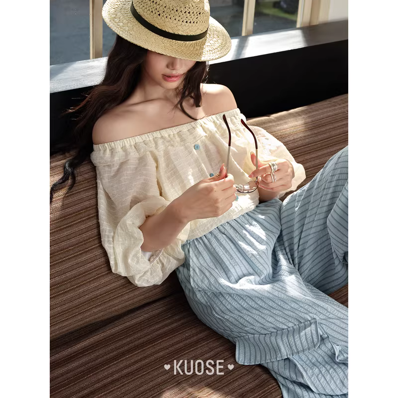 KUOSE 쿠오세 그레이블루 스트라이프 여름 와이드팬츠 - 상세 이미지 3