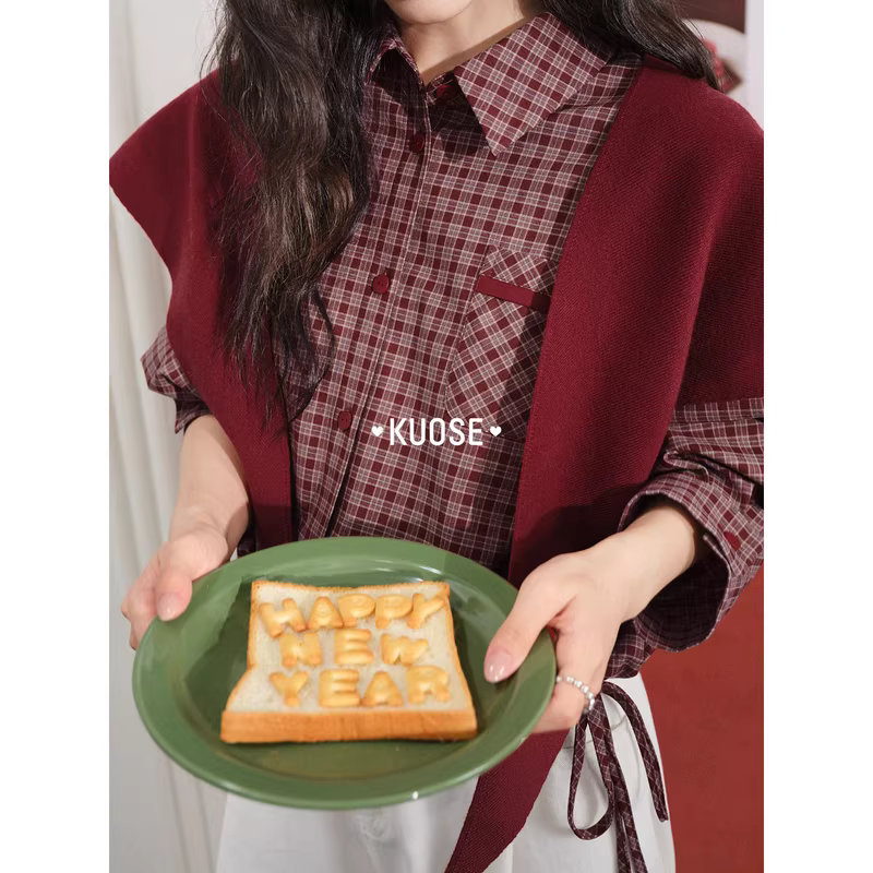 KUOSE 쿠오세 레드 체크 긴팔 카라 셔츠 케이프 투피스 세트 - 상세 이미지 5