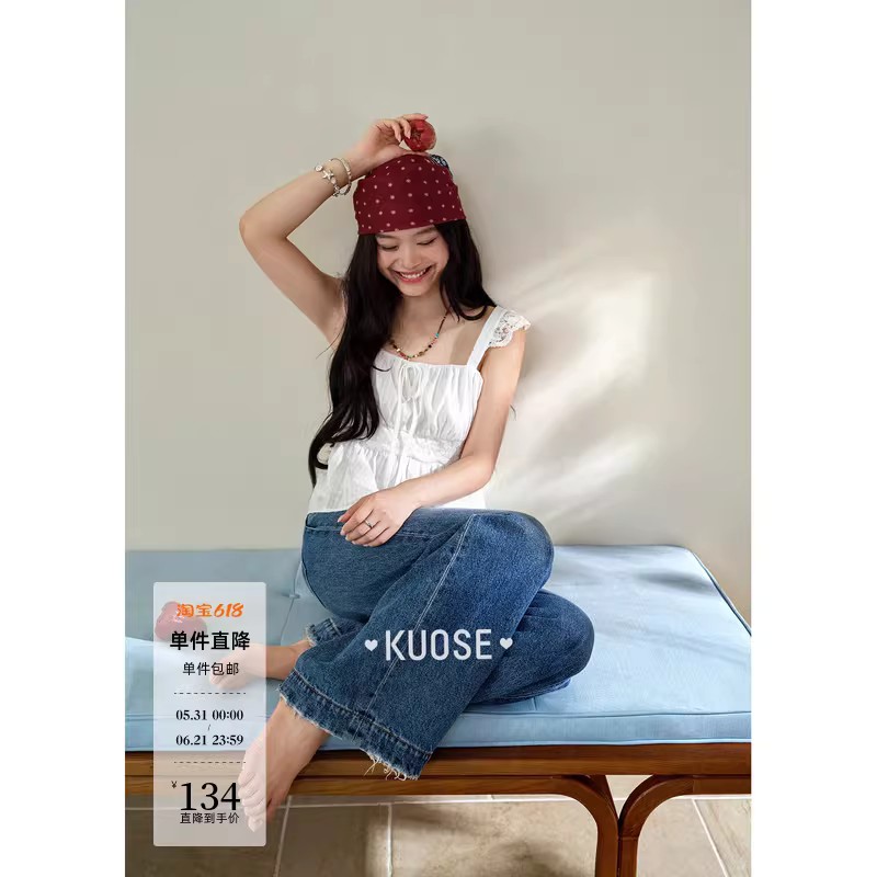 KUOSE 쿠오세 프렌치 레이스 리본 화이트 크롭 민소매 탑 - 상세 이미지 2