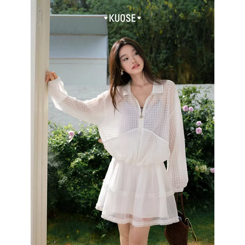 KUOSE 쿠오세 화이트 체크 패턴 가디건 7부 와이드 팬츠 투피스 - 상세 이미지 4