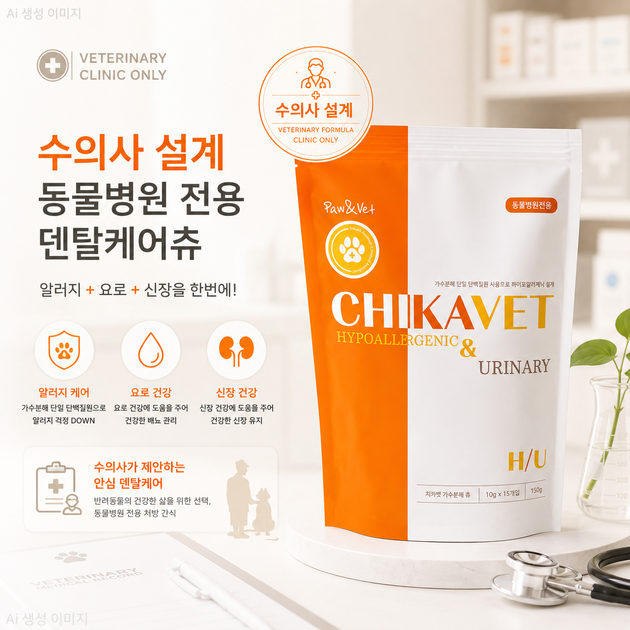 치카벳 H/U 하이포알러제닉+유리너리 덴탈케어츄 150g 알러지 신장 결석 요로 기능성 간식 개껌 - 상세 이미지 2