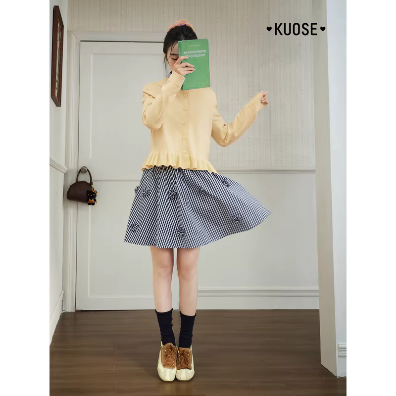 KUOSE 쿠오세 딥블루 체크 3D 플라워 A라인 미니 스커트 - 상세 이미지 5