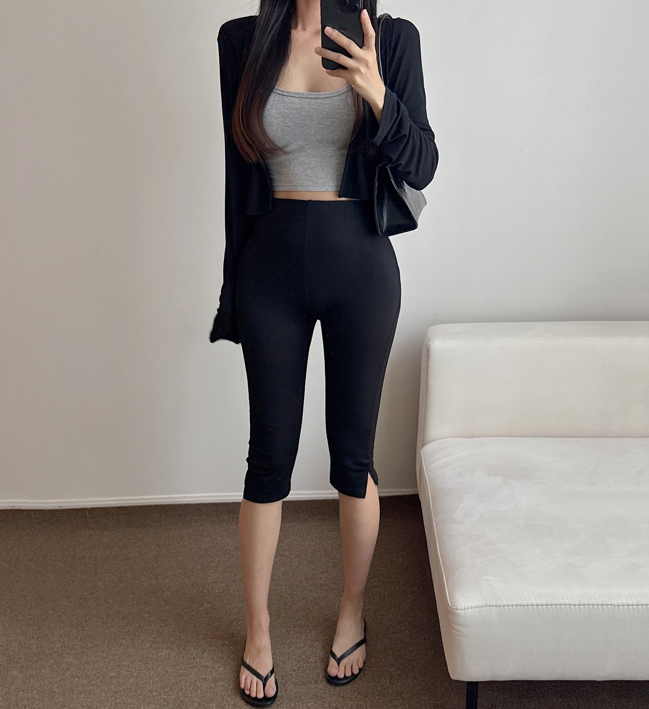 퍼즈 카프리팬츠 여성여름바지 7부 슬림핏 하이웨스트 스판 밴딩 밑단트임 블랙 데일리 - 상세 이미지 5