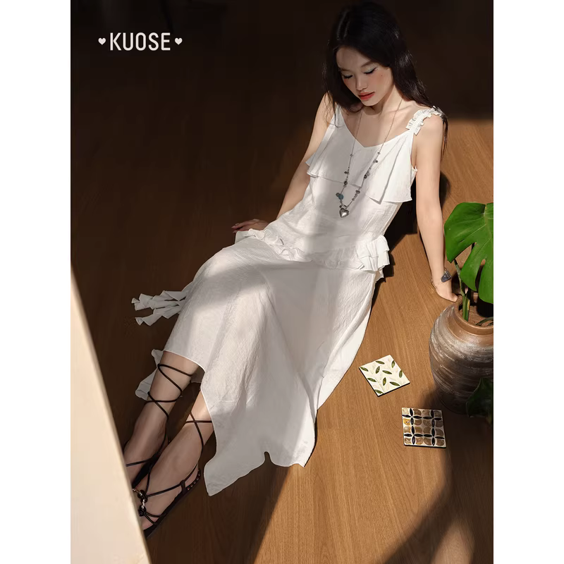 KUOSE 쿠오세 화이트 언밸런스 프릴 끈 롱 원피스 - 상세 이미지 4
