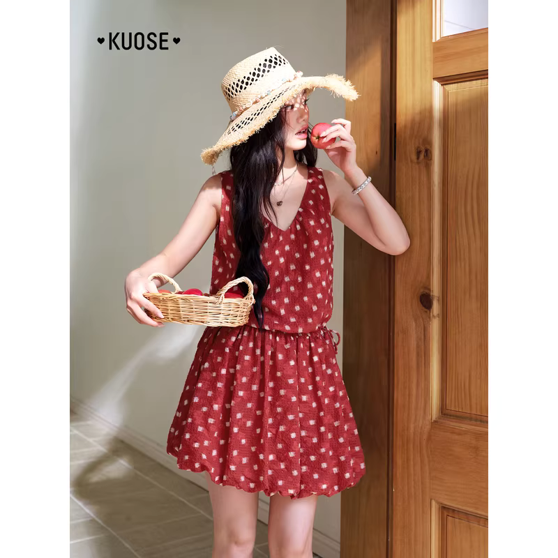 KUOSE 쿠오세 V넥 체크 프린트 민소매 버블 원피스 이미지 6