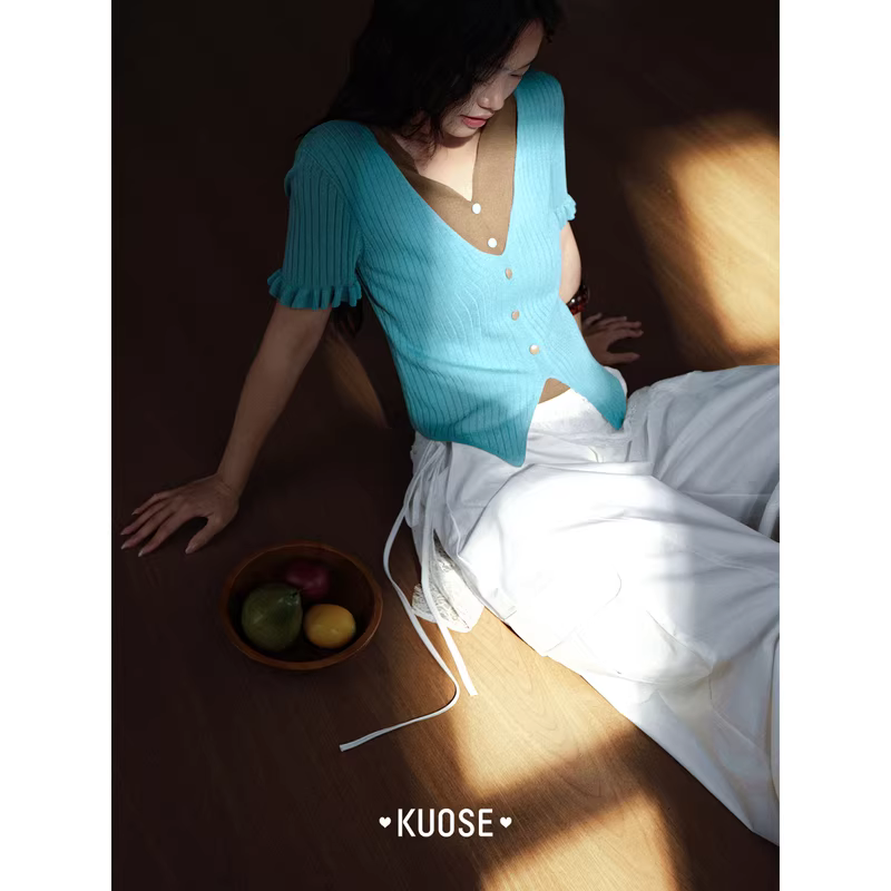 KUOSE 쿠오세 블루 배색 니트 반팔티 이미지 6