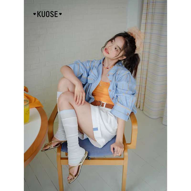 KUOSE 쿠오세 블루 화이트 롤업 데님 5부팬츠 - 상세 이미지 3