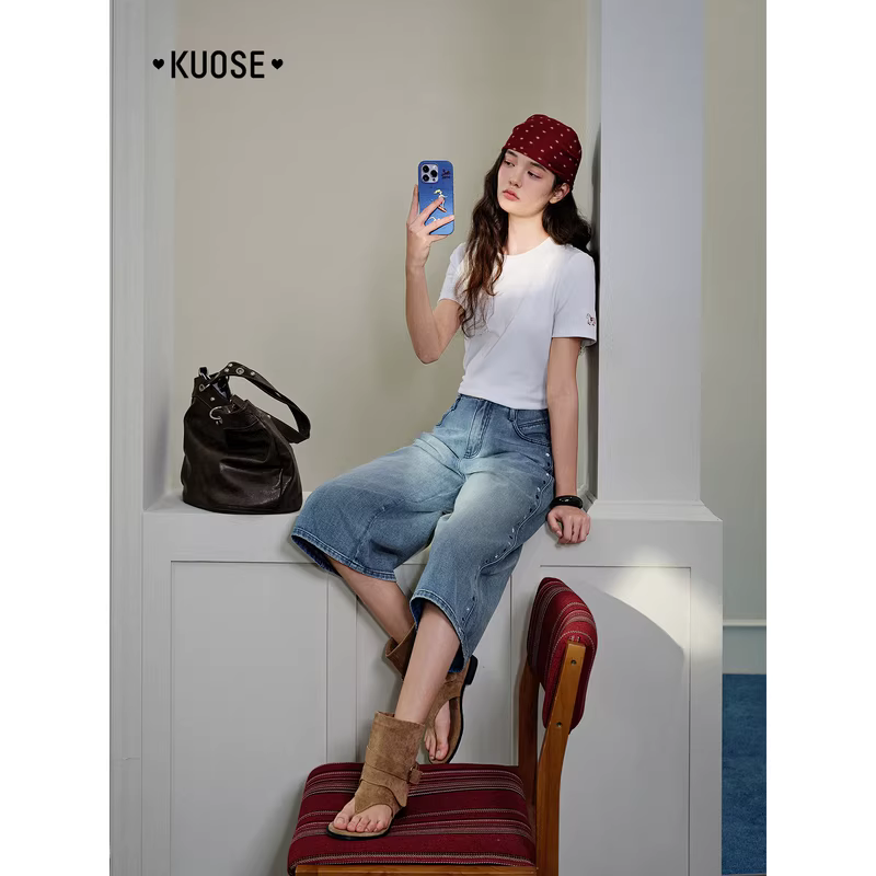 KUOSE 쿠오세 와이드핏 벨트 7부 데님 팬츠 - 상세 이미지 3