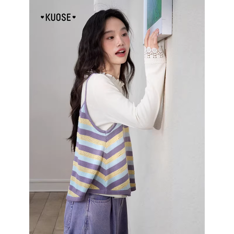 KUOSE 쿠오세 스트라이프 민소매 레이스 긴팔 세트 - 상세 이미지 3
