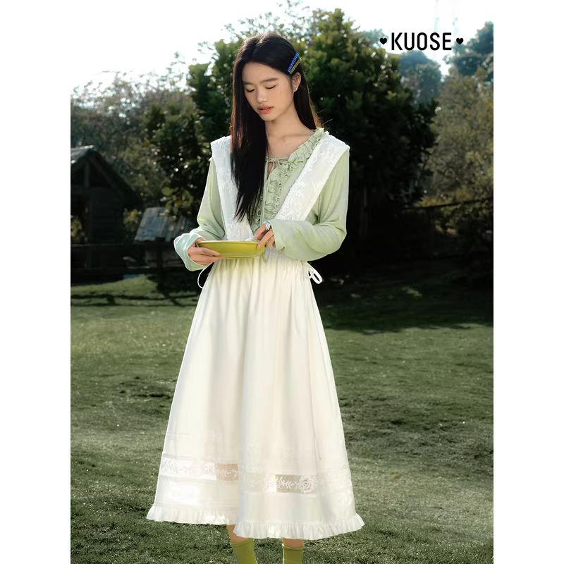 KUOSE 쿠오세 화이트 레이스 프렌치 멜빵 롱원피스 - 상세 이미지 5