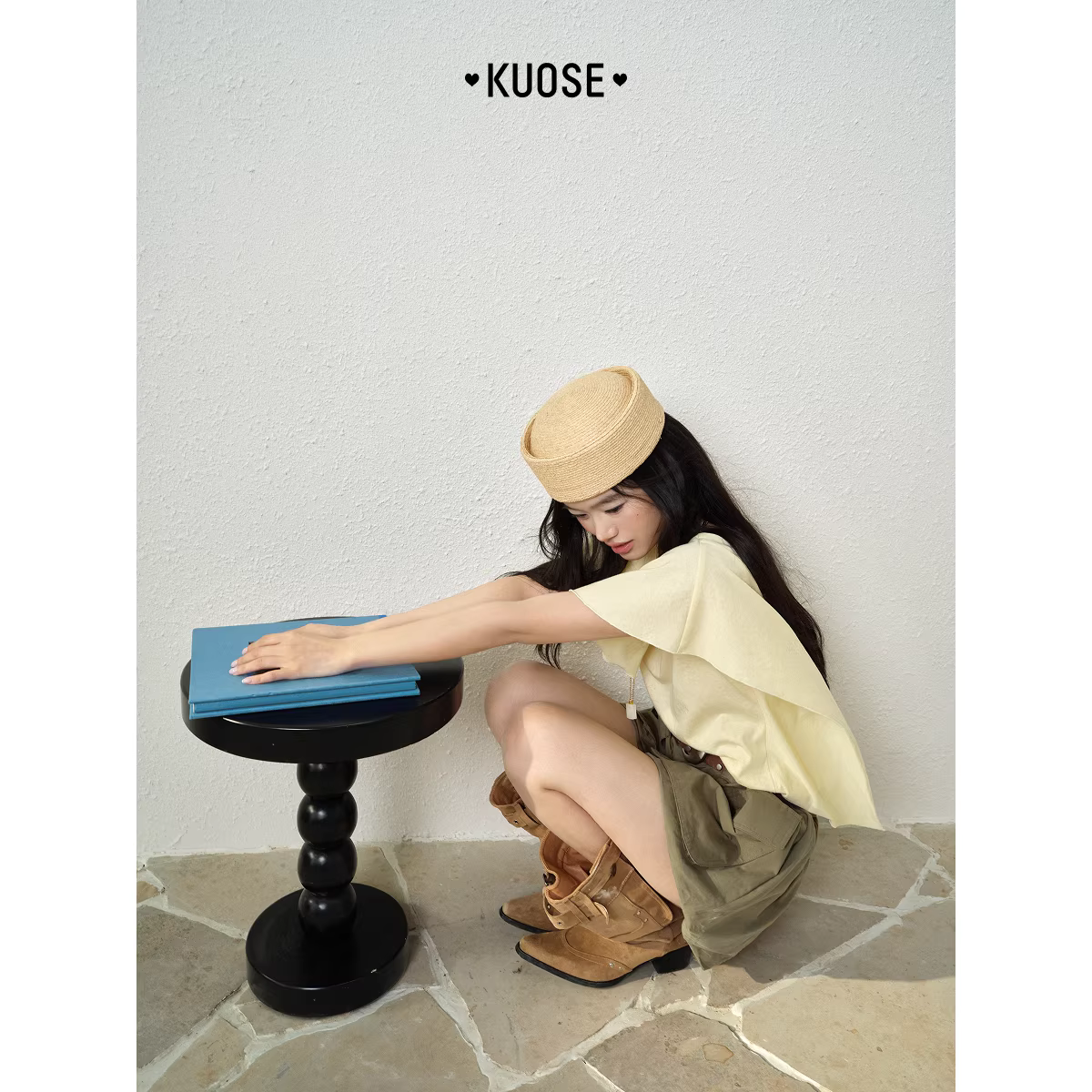 KUOSE 쿠오세 연노랑 케이프 레이어드 라운드넥 반팔 티셔츠 이미지 6