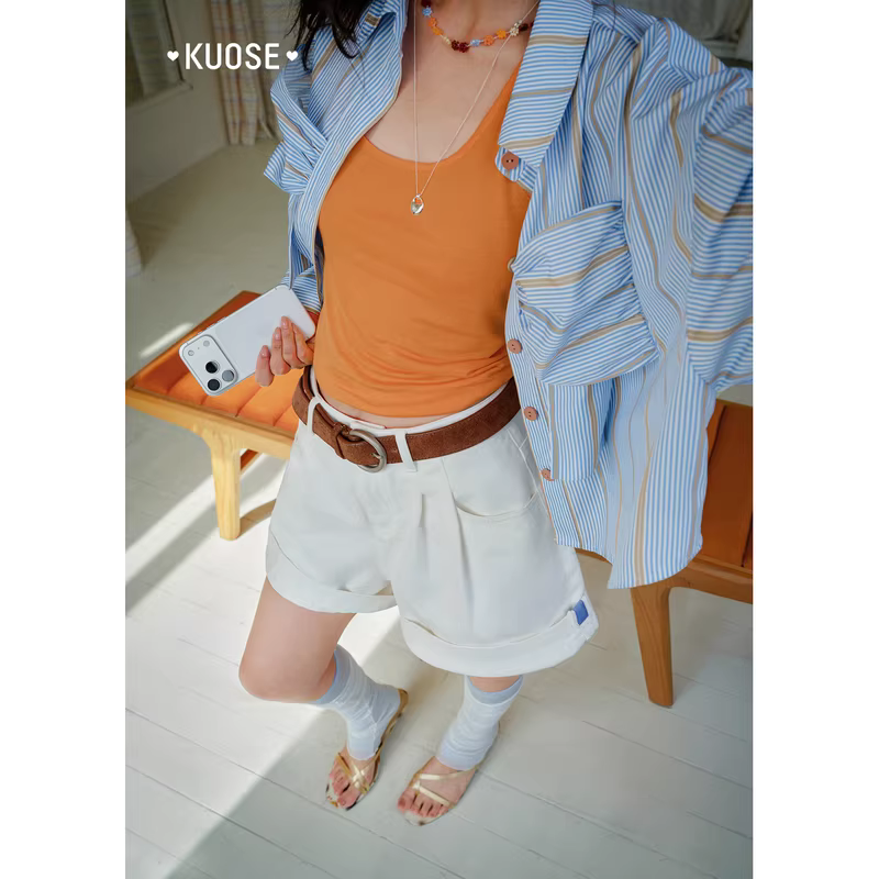 KUOSE 쿠오세 블루 화이트 롤업 데님 5부팬츠 - 상세 이미지 4