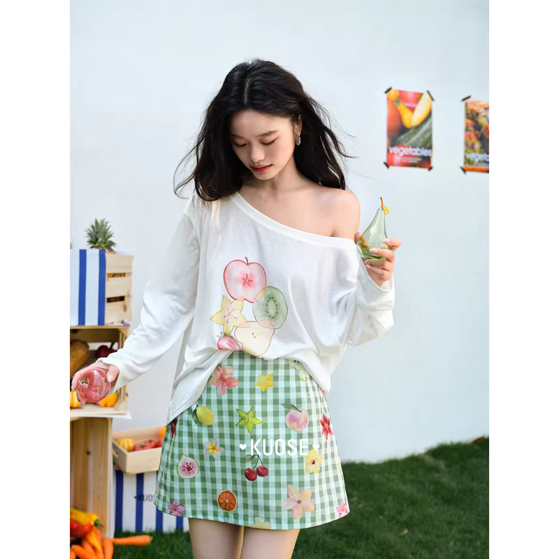 KUOSE 쿠오세 그린 체크 과일프린트 A라인 미니스커트 이미지 6