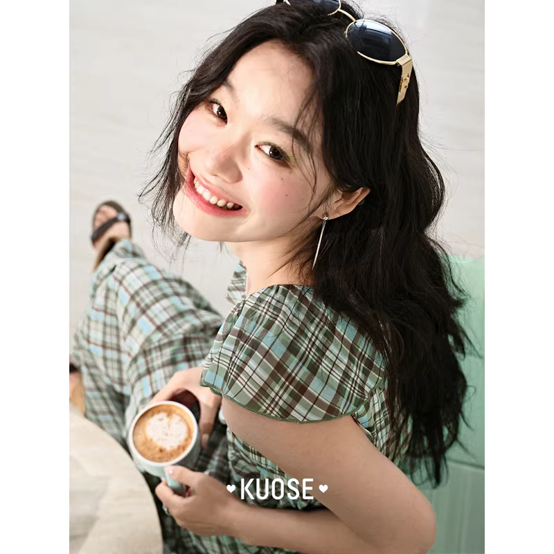 KUOSE 쿠오세 그린 체크 러플 민소매 원피스 - 상세 이미지 4