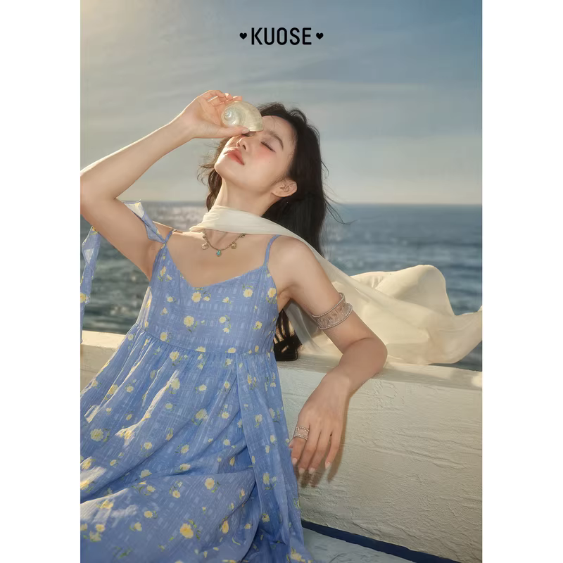 KUOSE 쿠오세 불규칙 러플 플로럴 롱 캐미솔 원피스 여름 - 상세 이미지 3